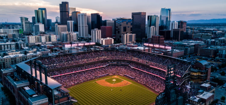 Coors field aerial view with denver cityscape in back